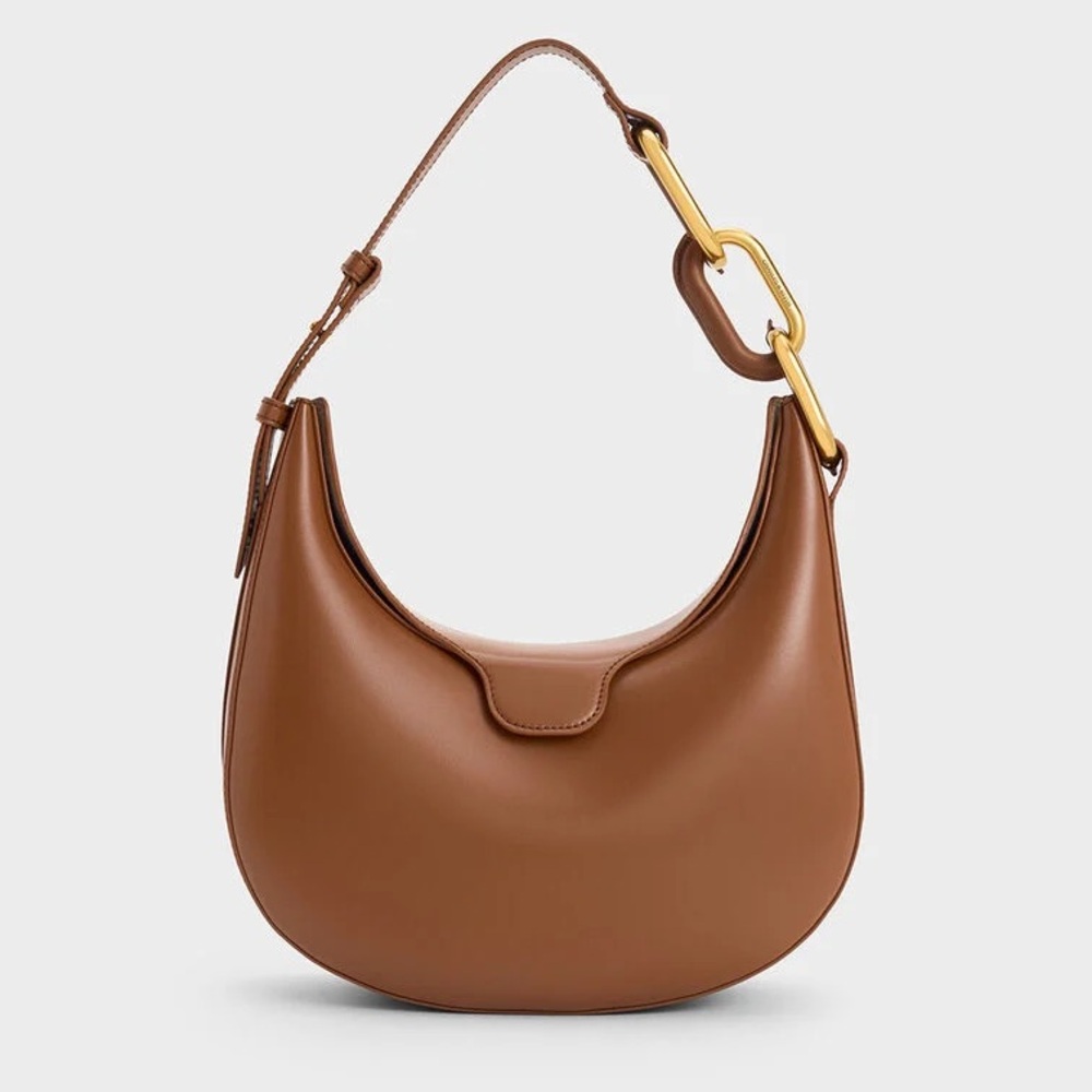 Charles & Keith Kora Metallic-Accent Moon Bag - Chocolate